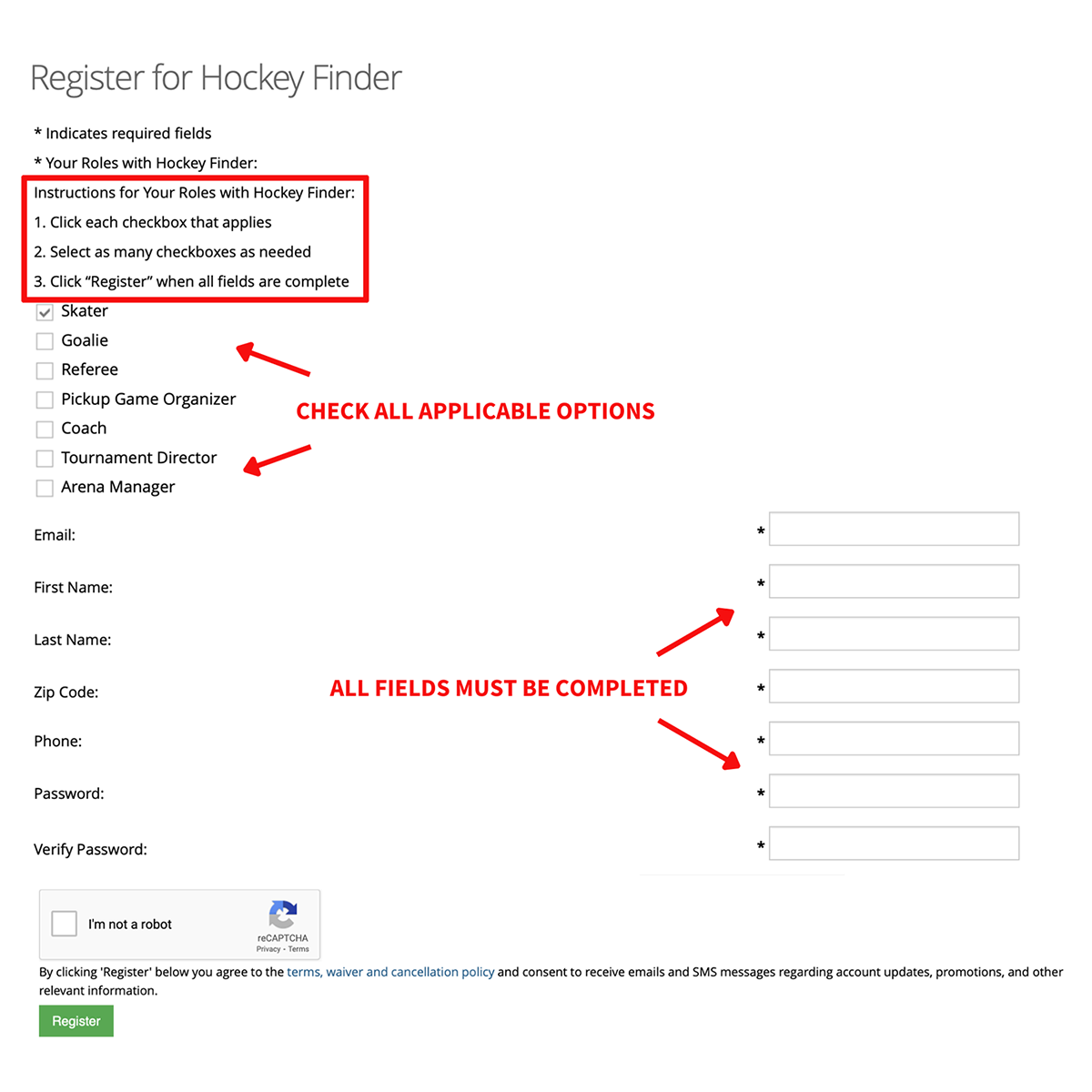 Example registration form